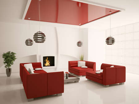 Modern interior of living room with fireplace 3d renderの写真素材