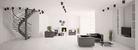 Apartment with stair and fireplace interior panorama 3d renderの写真素材