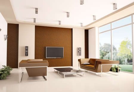 Modern living room with brick wall interior 3dの写真素材