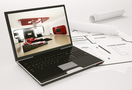Laptop and blueprint of housing project 3d render