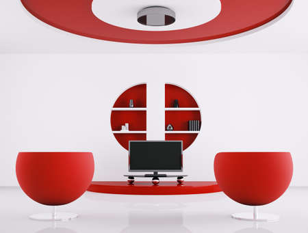 Red white interior of living room 3d renderの写真素材