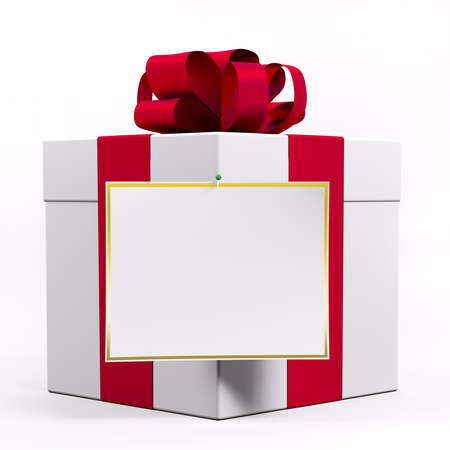 White gift box with red ribbon and blank sheet of paper 3dの写真素材
