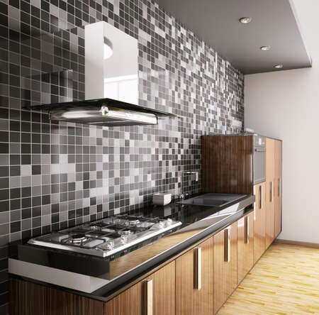 Modern ebony wood kitchen with sink,gas cooktop and hood interior 3d Modern ebony wood kitchen with sink,gas cooktop and hood interior 3d