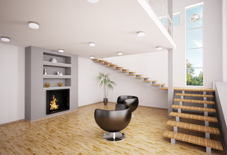 Modern interior of living room with fireplace and staircase 3d render