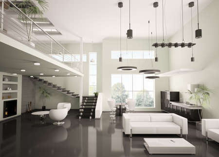 Interior of modern apartment living room kitchen 3d renderの写真素材