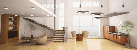 Modern interior of apartment panorama living room kitchen 3d renderの写真素材