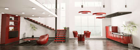 Modern interior of apartment panorama living room kitchen 3d renderの写真素材