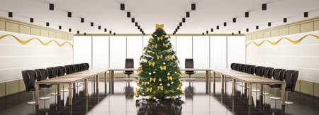 Christmas fir tree in modern boardroom interior panorama 3dの写真素材