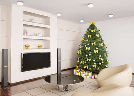 Christmas fir tree with decorations in modern living room interior 3d renderの写真素材