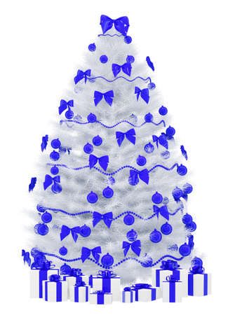 Christmas fir tree decorated with blue bows and balls over the white 3d renderの写真素材