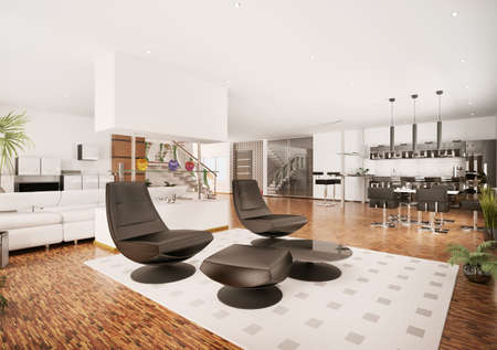 Interior of modern apartment living room kitchen hall 3d renderの写真素材