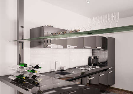 Interior of modern black kitchen 3d renderの写真素材
