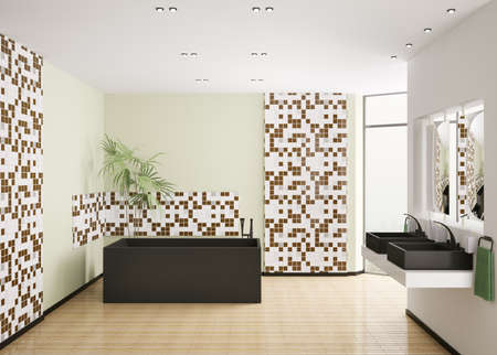 Interior of modern bathroom with black bath and sinks 3d renderの写真素材