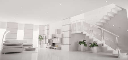 White modern apartment with staircase interior panorama 3d renderの写真素材