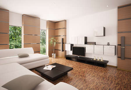 Modern living room with white sofa black table and LCD interior 3d renderの写真素材