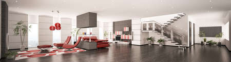 Interior of modern apartment living room hall panorama 3d renderの写真素材