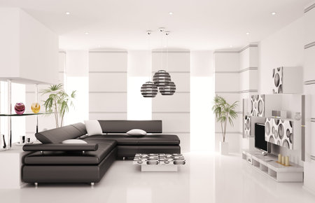 Modern living room with black sofa and LCD interior 3d render