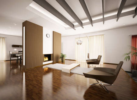 Modern apartment interior with fireplace 3d renderの写真素材