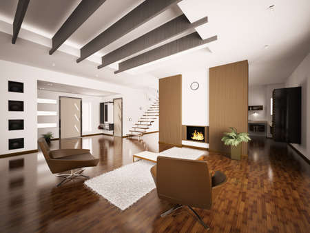 Modern apartment interior with fireplace and staircase living room hall 3d renderの写真素材