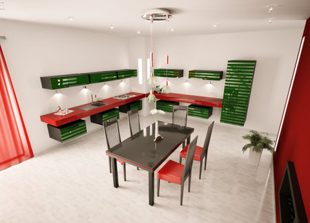 Interior of modern green red  kitchen top view 3d renderの写真素材