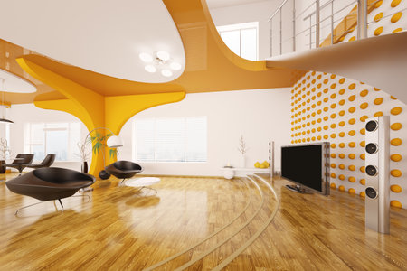 Modern interior design of living room with staircase 3d renderの写真素材