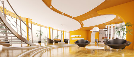 Interior design  of modern apartment living room hall panorama 3d renderの写真素材