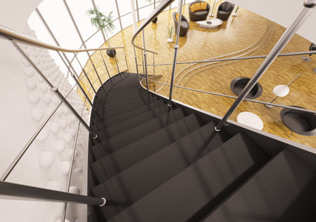 Metal staircase with black steps in modern apartment interior 3d renderの写真素材