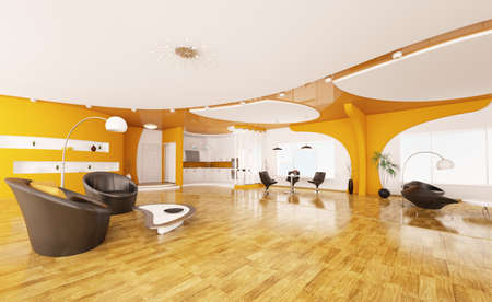 Interior design of modern apartment living room hall kitchen 3d renderの写真素材