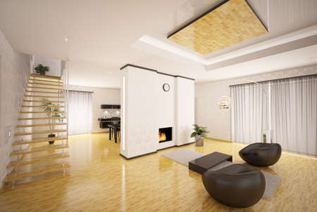 Interior design of modern apartment living room kitchen 3d renderの写真素材