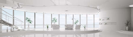 Interior design of modern white apartment with staircase panorama 3d renderの写真素材