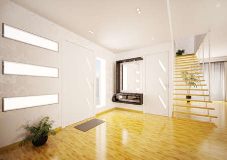 Modern interior design of entrance hall with staircase 3d renderの写真素材