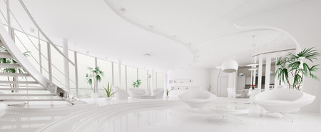 Interior of modern white apartment living room hall panorama 3d render