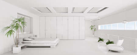 Interior of modern white bedroom panorama 3d renderの写真素材