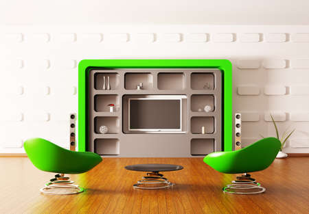 Modern interior with green armchairs and LCD 3d renderの写真素材