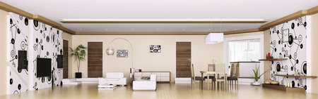 Interior of modern apartment living room panorama 3d renderの写真素材