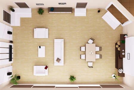 Top view of modern living room interior 3d renderの写真素材