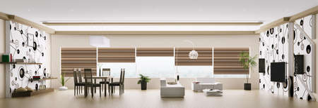 Interior of modern apartment living room panorama 3d renderの写真素材