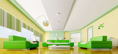 Interior of modern yellow green living room panorama 3d renderの写真素材