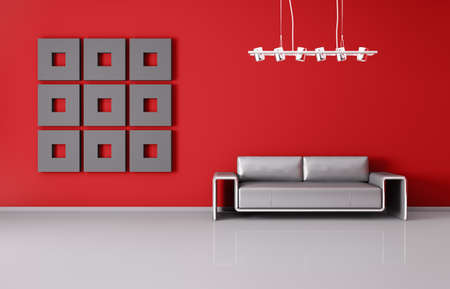 Modern interior of room with red wall and sofa 3d renderの写真素材