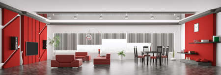 Interior of modern apartment living room panorama 3d renderの写真素材