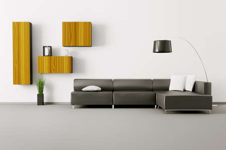 Interior of living room with black sofa 3d renderの写真素材