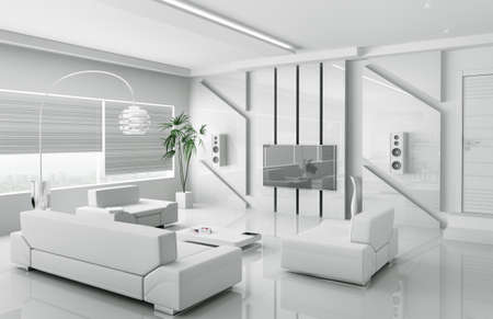 Interior of modern white living room 3d renderの写真素材