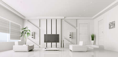 Interior of modern white living room with plasma tv 3d renderの写真素材