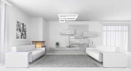 Interior of modern white living room with two sofas 3d renderの写真素材