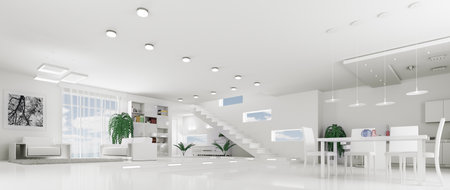 Interior of modern white apartment living room hall panorama 3d renderの写真素材