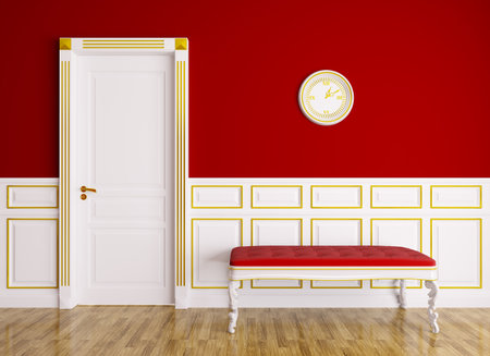 Classic red white interior with couch and doorの写真素材