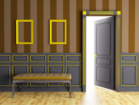 Classic interior with couch and opened doorの写真素材