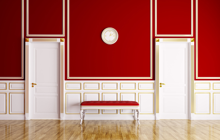 Classic red white interior with couch and two doorsの写真素材