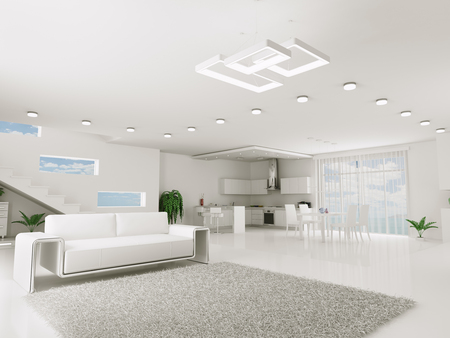 Interior of white apartment kitchen dining room 3d renderの写真素材