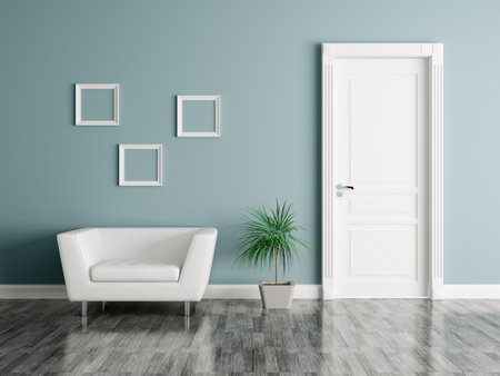 Interior of a room with door and armchair の写真素材
